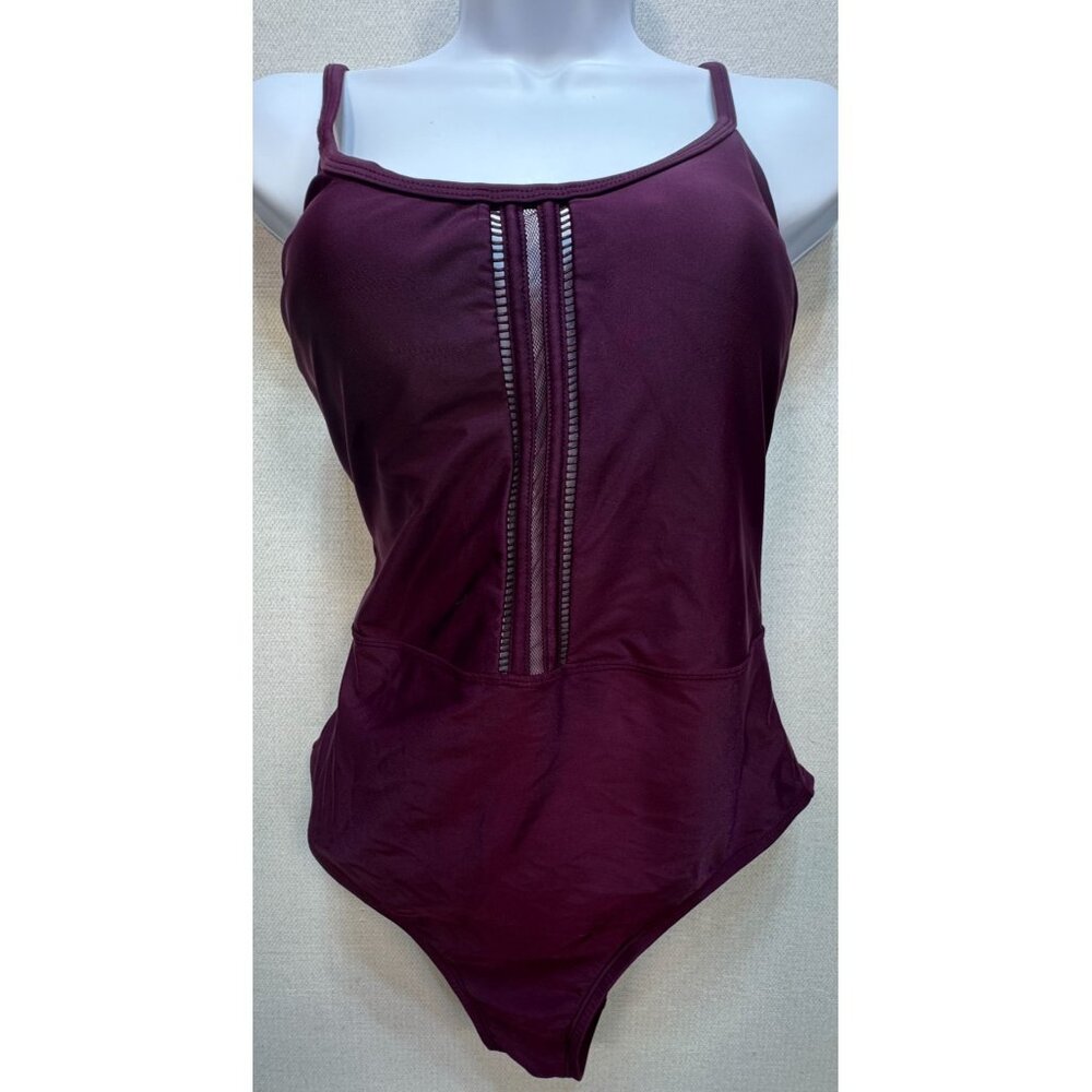 Kona Sol Women's One Piece Sheer Swimsuit Size M Burgundy Sleeveless Stretch